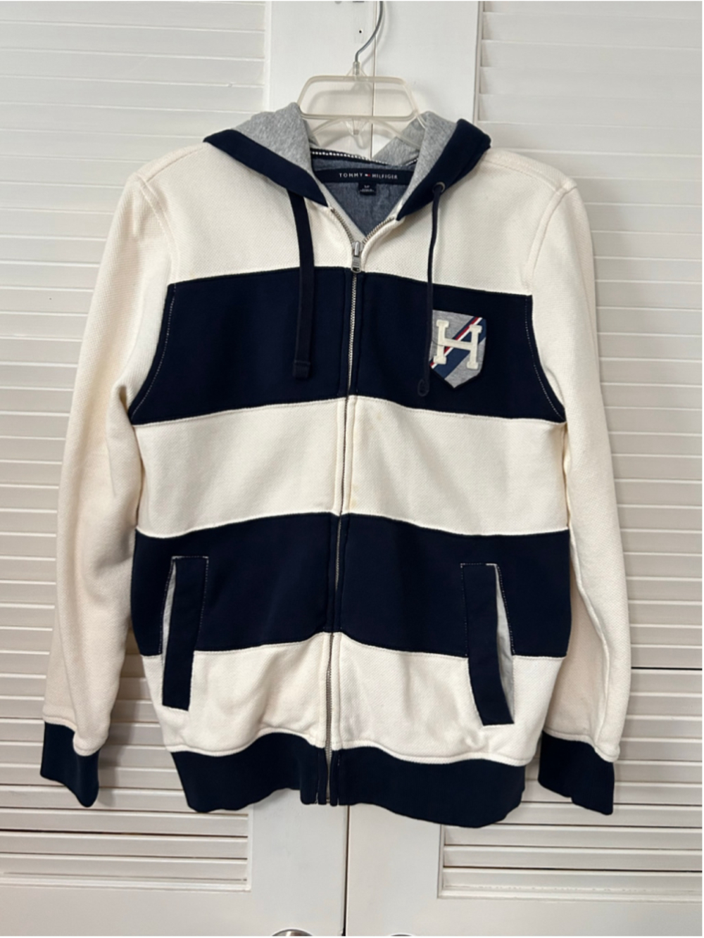 Tommy Hilfiger Men’s Small Zip Up Hoodie Navy Cream Waffle Knit